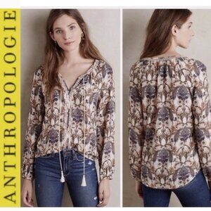 Anthropologie Meadow Rue Myrtle Blouse Large Beige Paisley Floral Tassel Eyelet